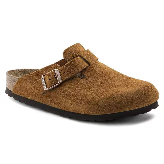 Women's Suede Clogs With Buckle Closure And Rubber Sole